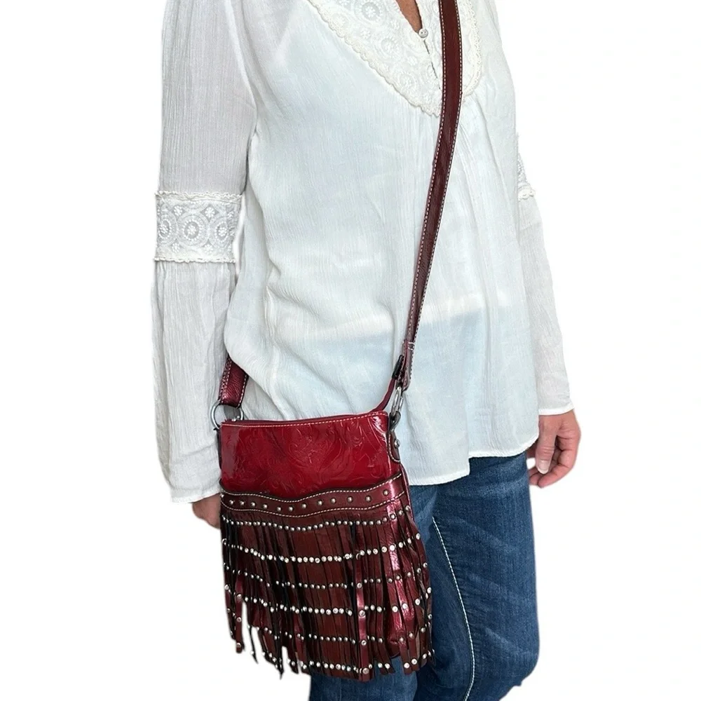 Western Faux Leather Fringe Purse‎ Rhinestones Studded Embossed Cowgirl Red